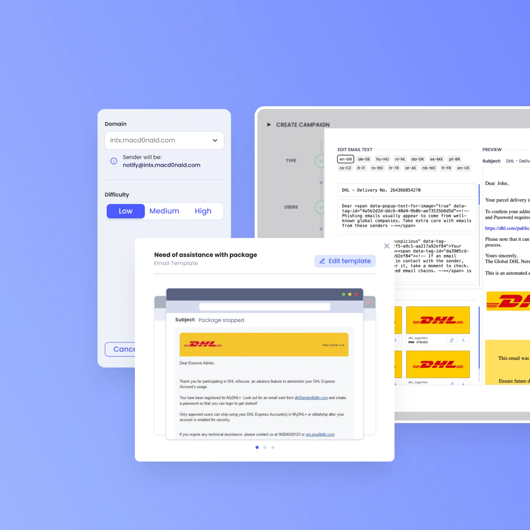 OutThink AI-Powered Phishing Simulator interface showing customization options like text, images, difficulty, and domains.